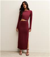 Women's Burgundy Cut Out Buckle Detail Long Sleeve Midi Dress New Look
