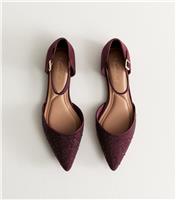 Women's Burgundy Bedazzled Pointed Toe Ankle Strap Ballerina Flats Vegan New Look