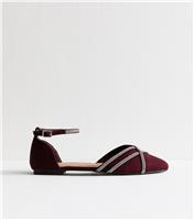 Women's Wide Fit Burgundy Faux Suede Bling Ballerina Pumps Vegan New Look