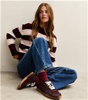 Women's Burgundy Lace Up Leather Trainers New Look