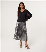 Women's Silver Metallic Pleated Midi Skirt Blue Vanilla New Look