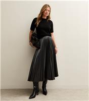 Women's Black Faux Leather Pleated Midi Skirt New Look