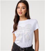 Women's White Diamante Bow T-Shirt Pink Vanilla New Look