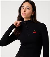 Women's Black Half Zip Cherry Embroidery Jumper Pink Vanilla New Look