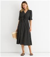 Women's Black Polka Dot Tie Neck Midi Dress Gini London New Look