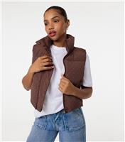 Women's Dark Brown Embellished Puffer Gilet Pink Vanilla New Look