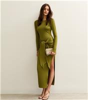 Women's Light Khaki Belted Side Slit Bodycon Midi Dress New Look