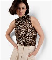 Women's Brown Leopard Print Sleeveless Tie Neck Top Apricot New Look