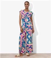 Women's Blue Ikat Print Colour Pop Trousers Apricot New Look