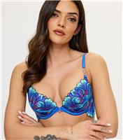 Women's Blue Fluorescent Floral Padded Plunge Bra Ann Summers New Look