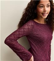 Girls' Dark Burgundy Long Sleeve Lace Asymmetric Hem Top New Look