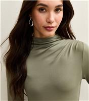 Women's Dark Khaki Jersey Gathered Neck Slinky Bodysuit New Look