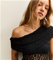 Women's Black Lace Off Shoulder Asymmetric Semi Sheer Top New Look