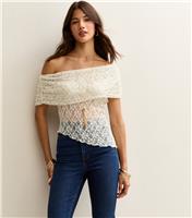 Women's White Lace Off Shoulder Asymmetric Semi Sheer Top New Look