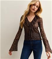 Women's Brown Lace Ruffle Trimmed Long Sleeve Top New Look