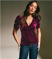Women's Dark Burgundy Velvet Puff Sleeve Top New Look