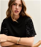 Women's Black Sequin Sleeve Short Sleeve Top New Look