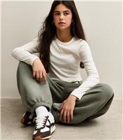 Girls' Khaki Contrast Trim Tie Waist Oversized Joggers New Look