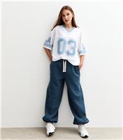 Girls' Navy Contrast Trim Tie Waist Oversized Joggers New Look