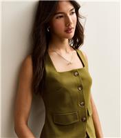 Women's Green Square Neck Button Through Sleeveless Top New Look