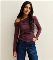 Women's Burgundy Asymmetric Ruched Waist Long Sleeve Top New Look