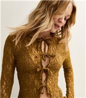 Women's Brown Lace Tie Front Long Sleeve Top New Look