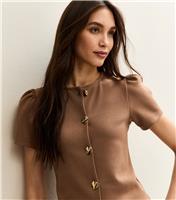 Women's Mink Puff Sleeve Crew Neck Button Through Top New Look