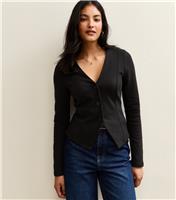 Women's Black V-Neck Panelled Button Through Long Sleeve Top New Look