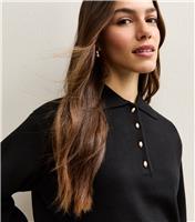 Women's Petite Black Metallic Button Polo Shirt New Look