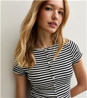 Women's Black Ribbed Striped Short Sleeve Button Through T-Shirt New Look