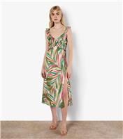Women's Green Palm Print Ruffle Trim Midi Dress Apricot New Look