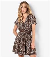 Women's Brown Batik Print V-Neck Mini Dress Apricot New Look