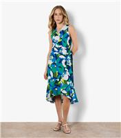 Women's Blue Floral Print Sleeveless Wrap Style Midi Dress Apricot New Look