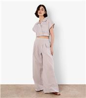 Women's Stone Striped Pleated Wide Leg Trousers Apricot New Look