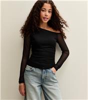 Girls' Black Mesh Off The Shoulder Top New Look