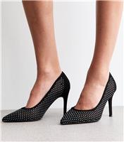 Women's Wide Fit Black Diamante Heel Court Shoes Vegan New Look