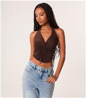 Women's Brown Knotted Jersey Halterneck Top Pink Vanilla New Look