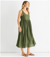 Women's Olive Green Scoop Neck Gathered Midi Dress Gini London New Look