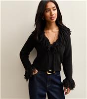 Women's Petite Black Cropped Fringe Trim Cardigan New Look