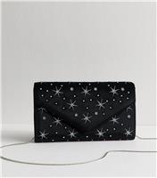 Black Faux Suede Diamante Constellation Clutch Bag New Look