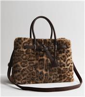 Brown Leopard Print Faux Fur Triple Compartment Tote Bag Vegan New Look