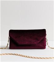 Burgundy Velvet Chain Strap Clutch New Look