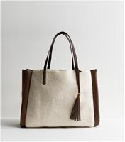 Brown Borg Faux Leather Trimmed Oversized Tote Bag New Look