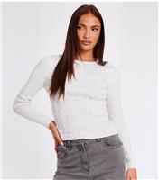 Women's White Ribbed Embellished Long Sleeve Top Quiz New Look