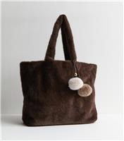Brown Faux Fur Pom Pom Tote Bag New Look