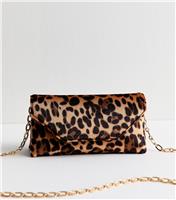 Brown Leopard Print Velvet Chain Strap Clutch New Look