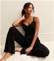 Women's Black Brushed Ribbed Wide Leg Trousers New Look