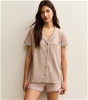 Women's Mink Contrast Piping Shirt And Shorts Pyjama Set New Look
