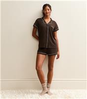 Women's Dark Brown Contrast Piping Shirt And Shorts Pyjama Set New Look