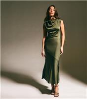 Women's Light Khaki Satin Cowl Neck Midi Dress New Look